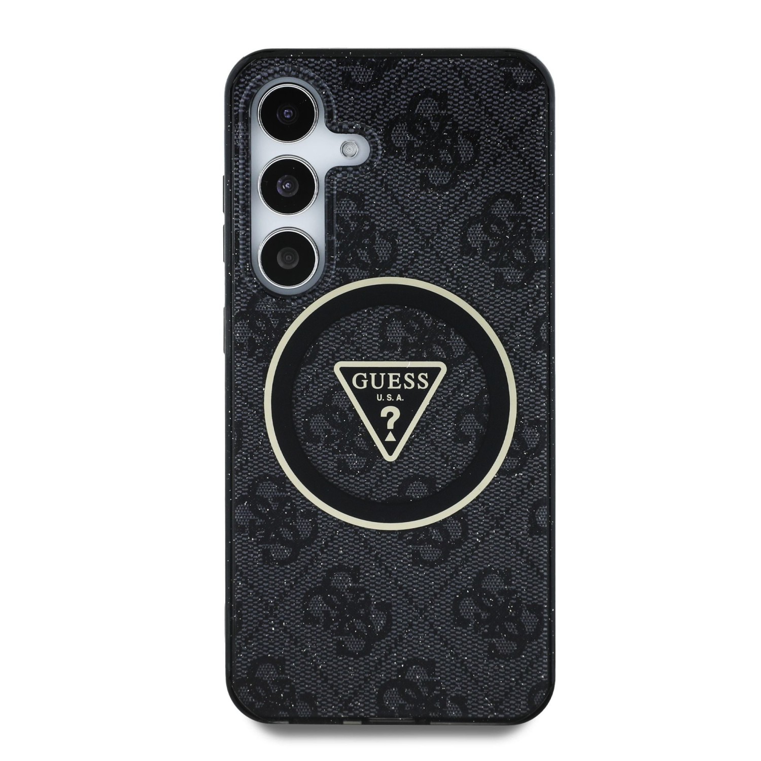 Guess IML 4G Glitter and Triangle Logo MagSafe Zadní Kryt pro Samsung Galaxy S25 Black