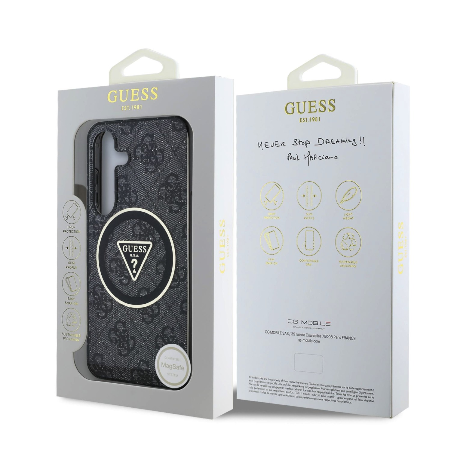 Guess IML 4G Glitter and Triangle Logo MagSafe Zadní Kryt pro Samsung Galaxy S25 Black