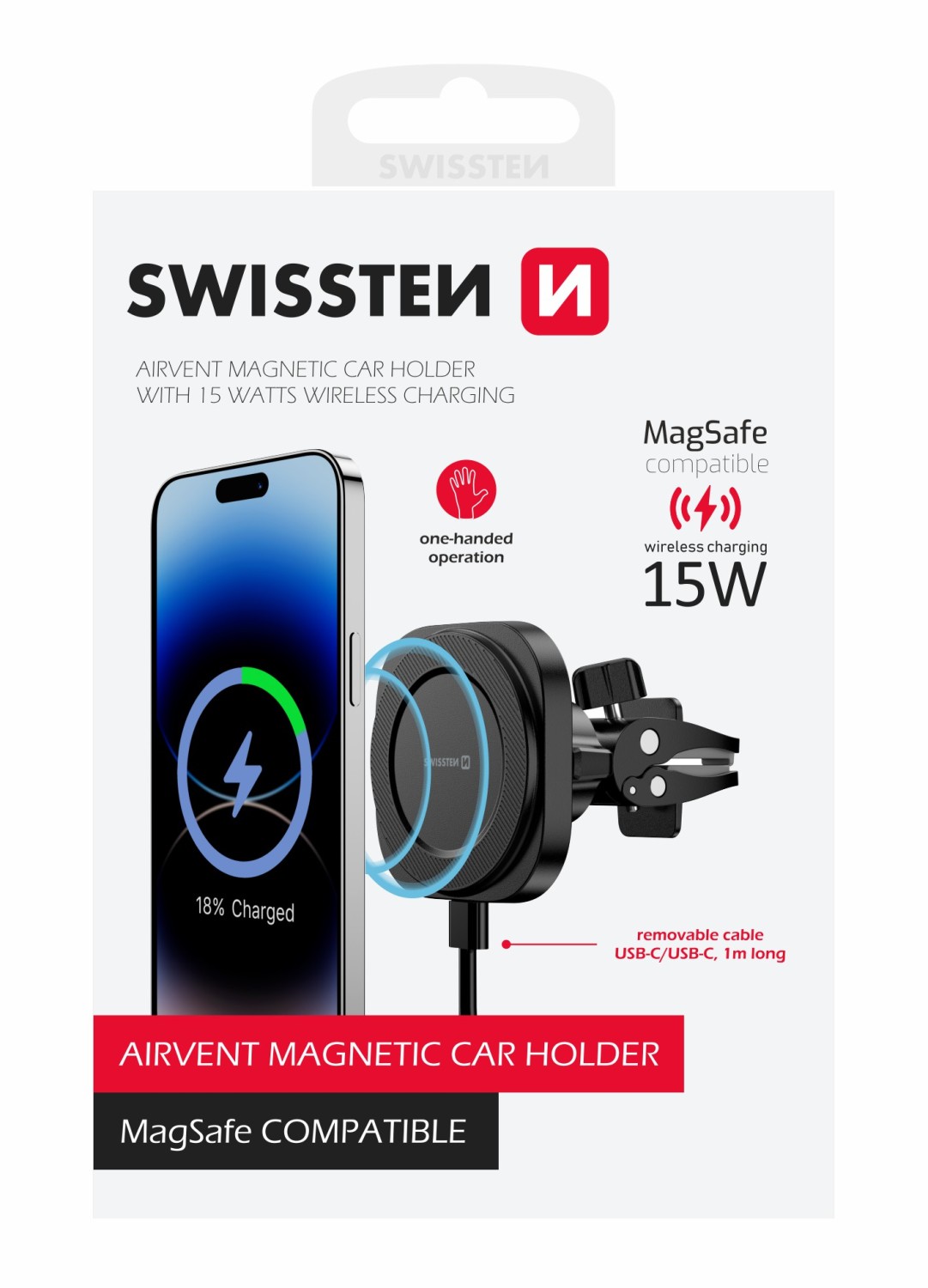 Magnetický držák do ventilace auta Swissten MagStick Compact s bezdrátovým nabíjením 15W/7,5W (kompatibilní s MagSafe)