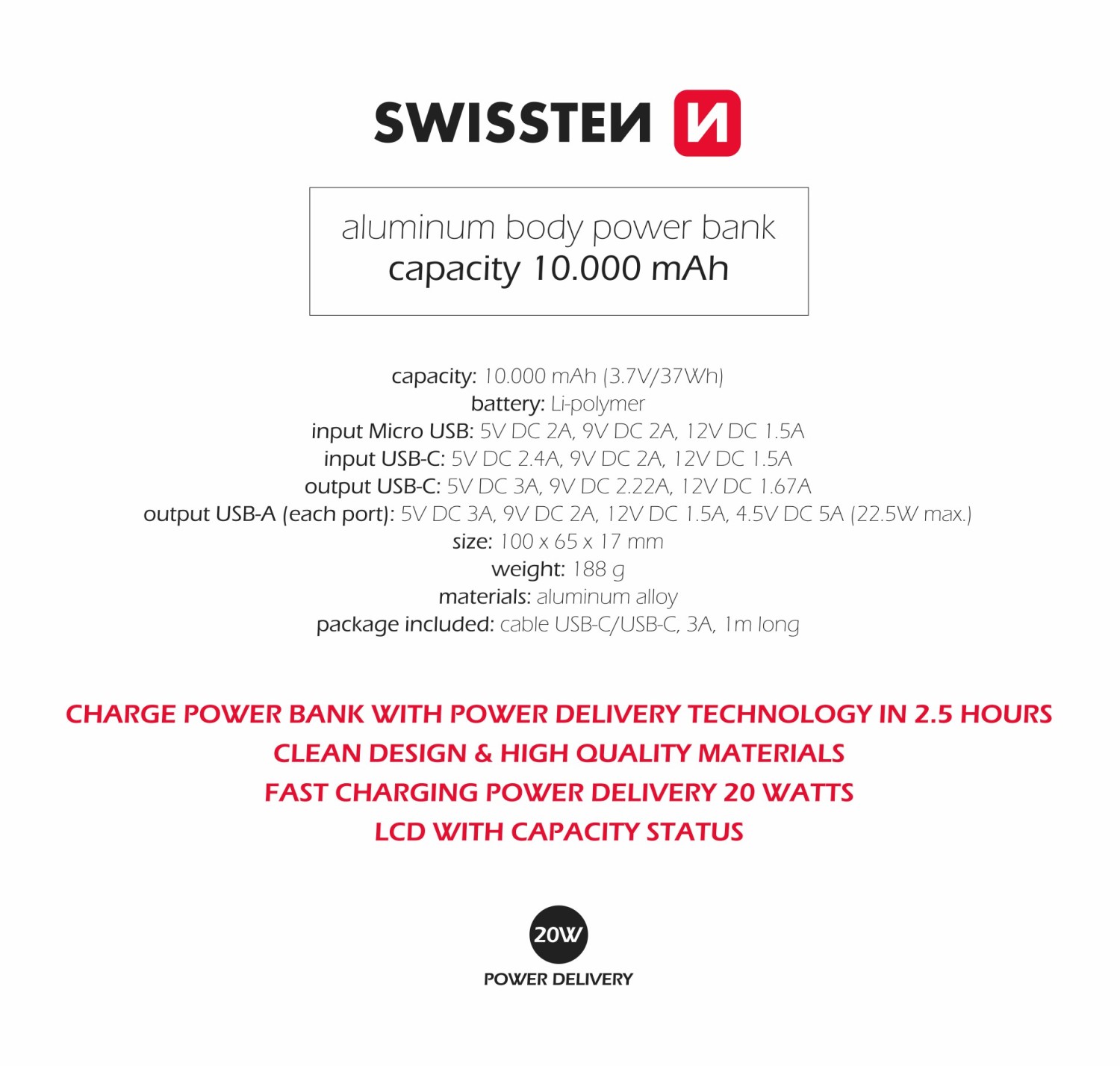 Swissten Aluminium 10000 mAh 20W šedá