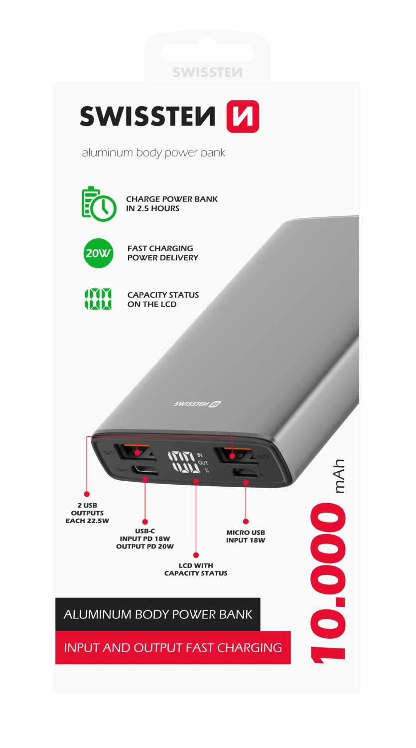 Swissten Aluminium 10000 mAh 20W šedá