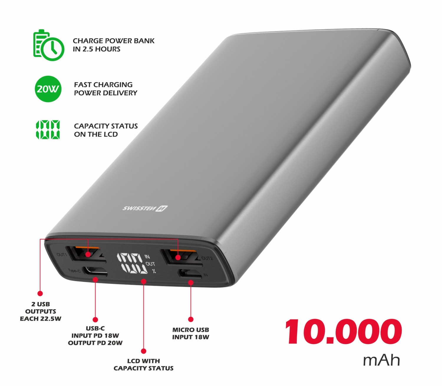 Swissten Aluminium 10000 mAh 20W šedá