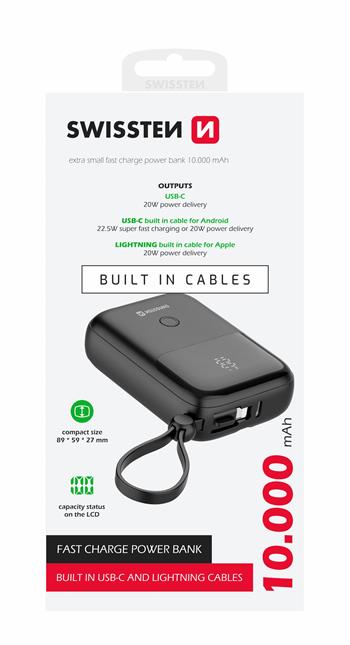 Swissten Power Bank 10000 mAh 22,5W s integrovanými kabely - USB-C / Lightning