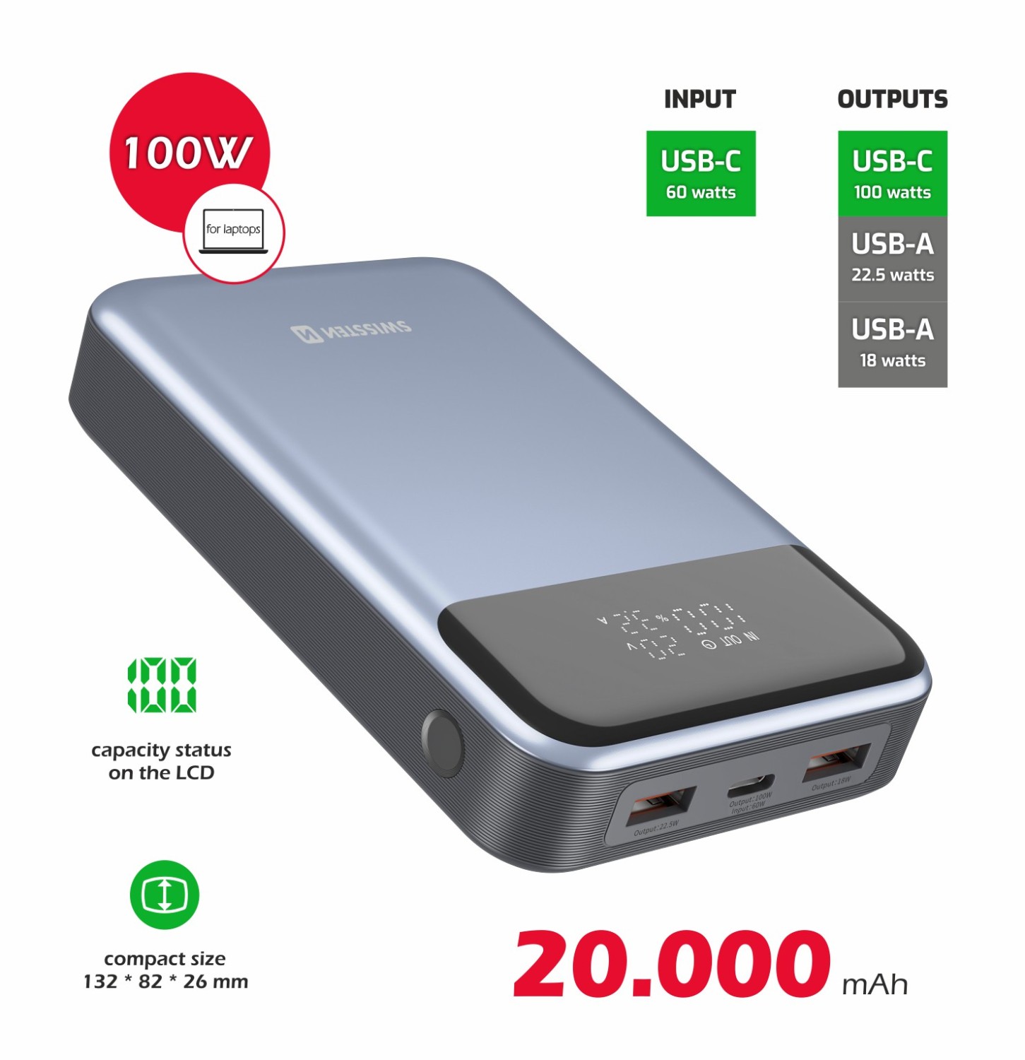 Swissten Power Bank 20000 mAh 100W PD pro notebooky