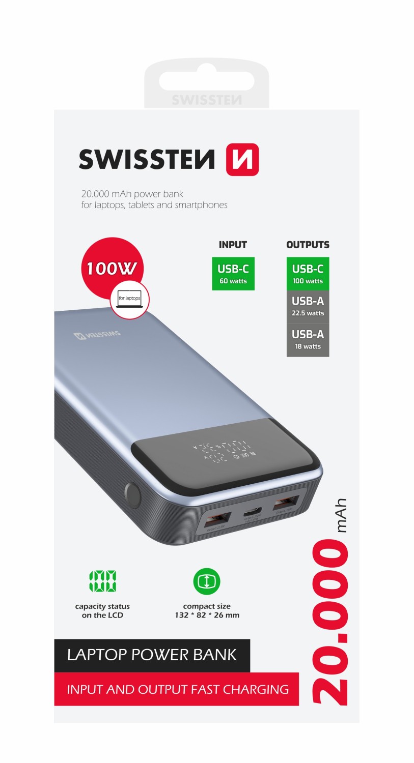 Swissten Power Bank 20000 mAh 100W PD pro notebooky