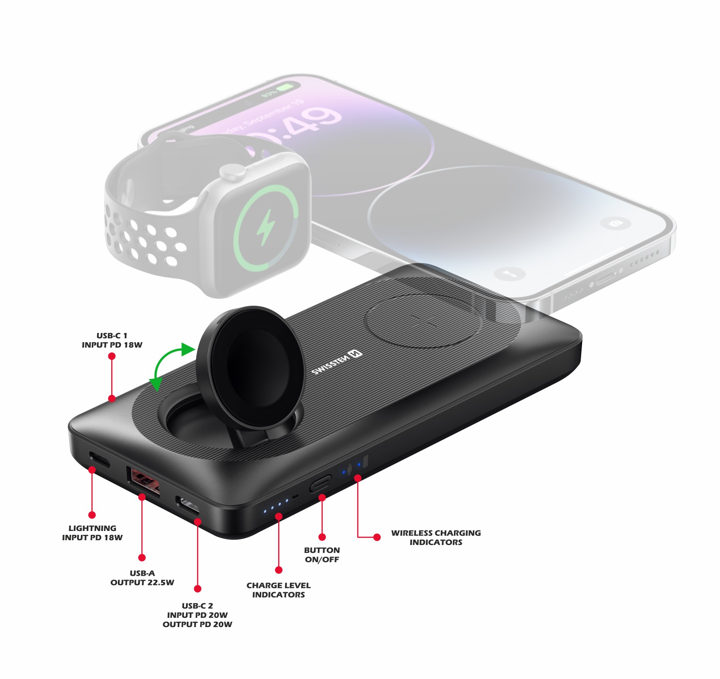 Swissten Power Bank 10000 mAh 2v1 pro Apple Watch a Magsafe
