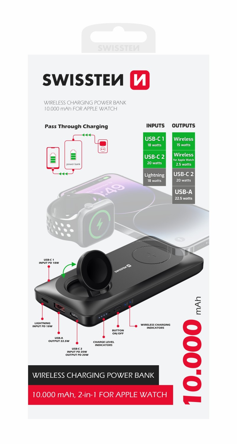 Swissten Power Bank 10000 mAh 2v1 pro Apple Watch a Magsafe