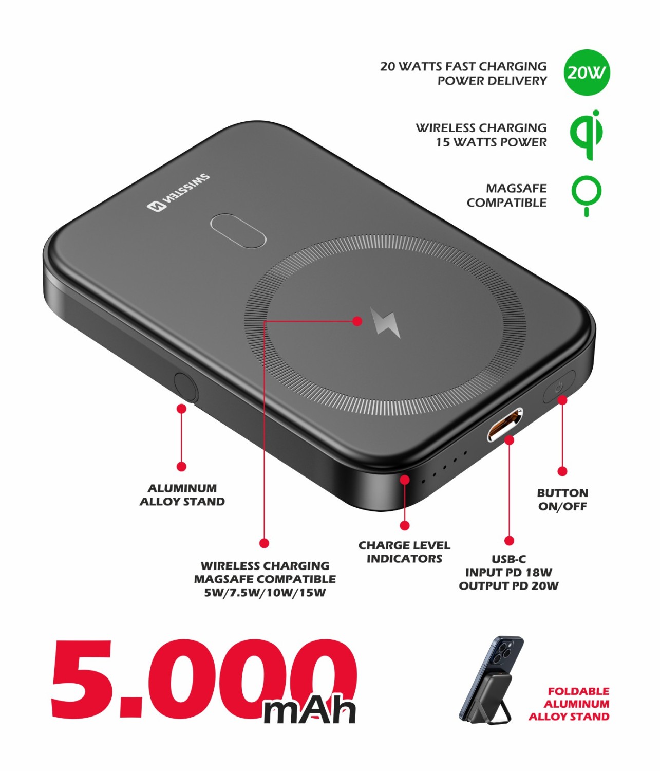 Swissten Power Bank 20W PD 5000 mAh (kompatibilní s MagSafe)