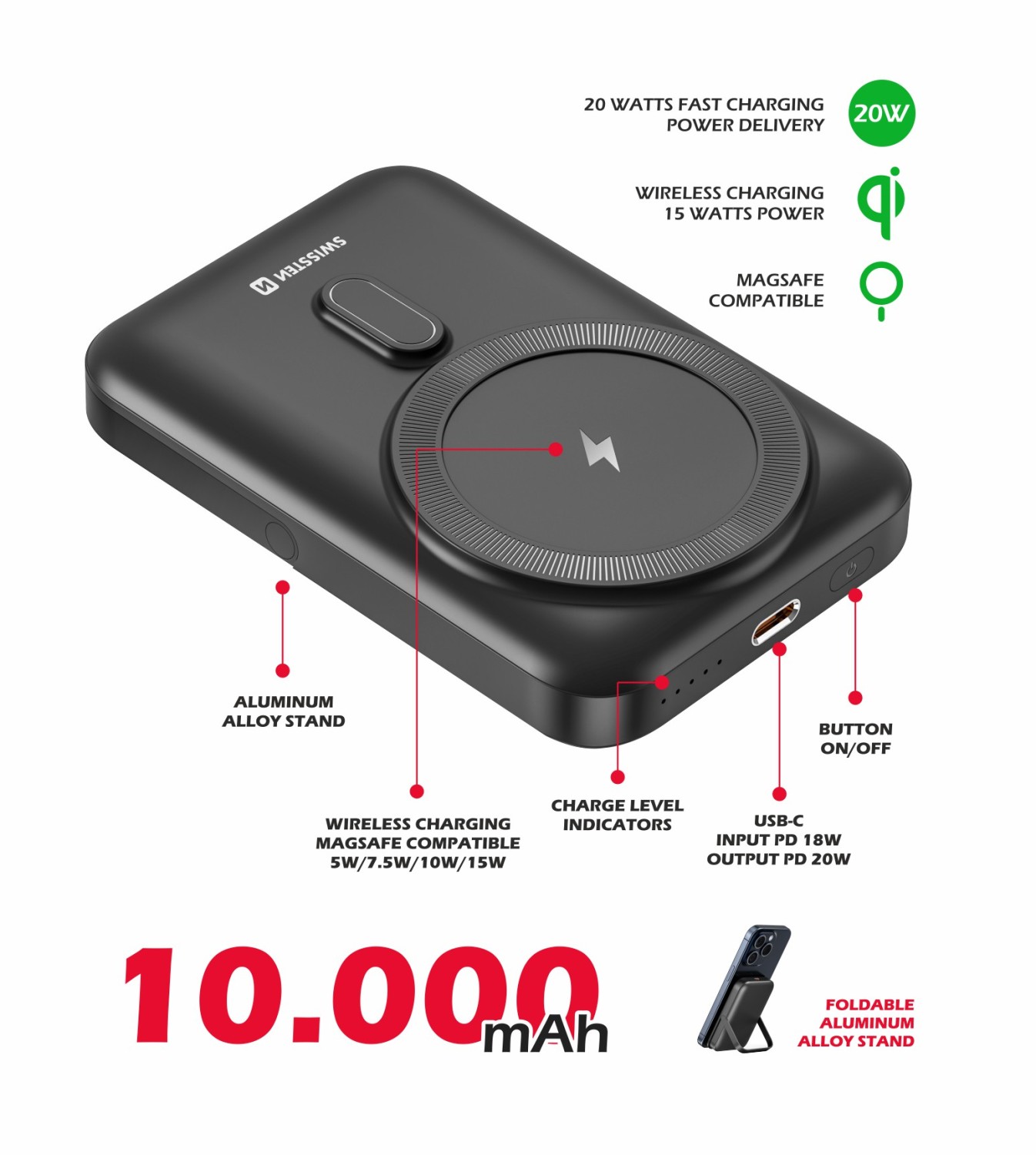 Swissten Power Bank 20W PD 10000 mAh (kompatibilní s MagSafe)