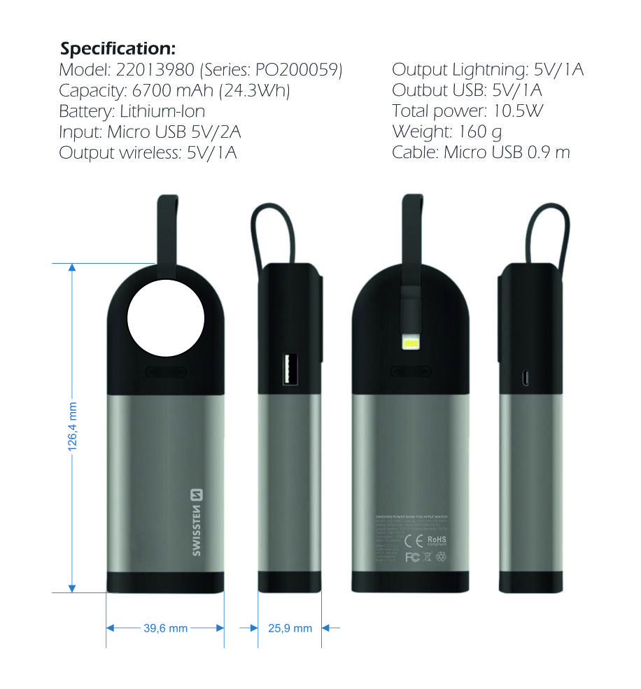 Swissten Powerbank 2in1 Apple Watch MFI 6700 mAh