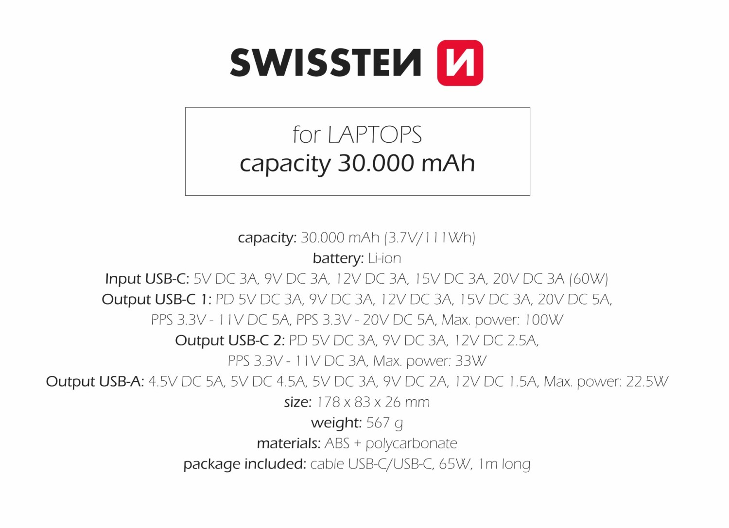 Swissten Power Bank 30000 mAh pro notebooky 133W Power Delivery šedá