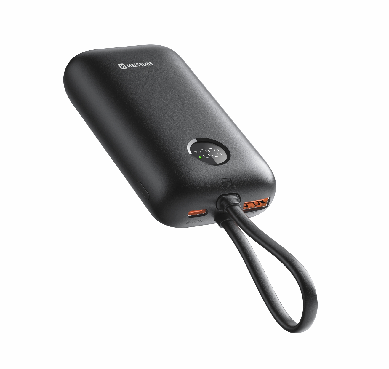 Swissten Power Bank Voltbox 35W 10000 mAh s integrovanými kabely USB-C a Lightning černá