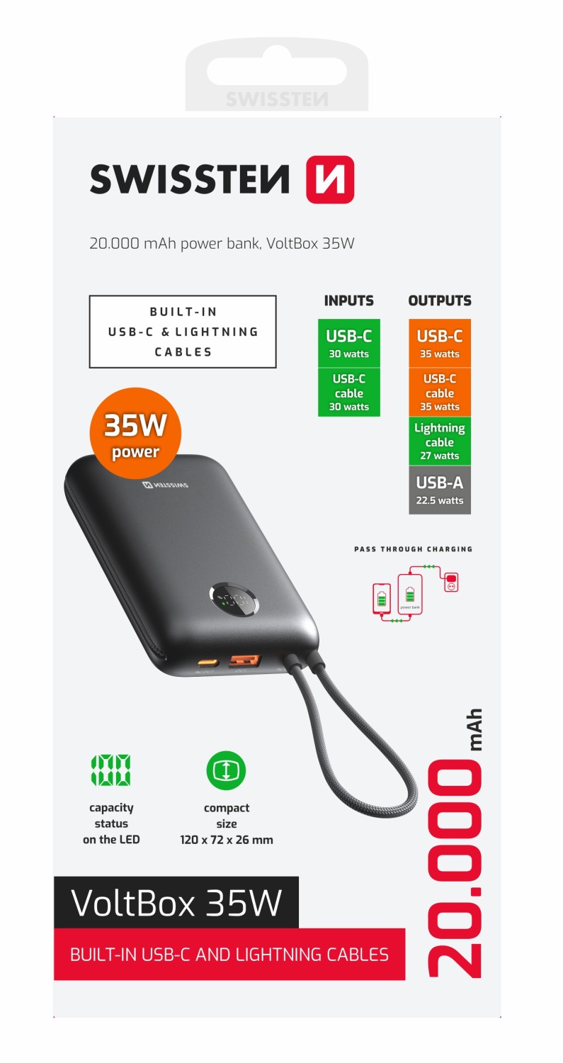 Swissten Power Bank Voltbox 35W 20.000 mAh s integrovanými kabely USB-C a Lightning – černá