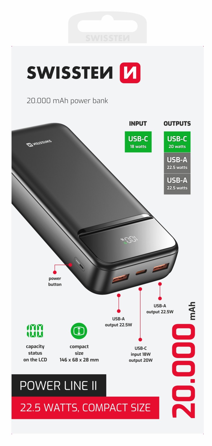 Swissten Power Bank 20.000 mAh Power Line II černá