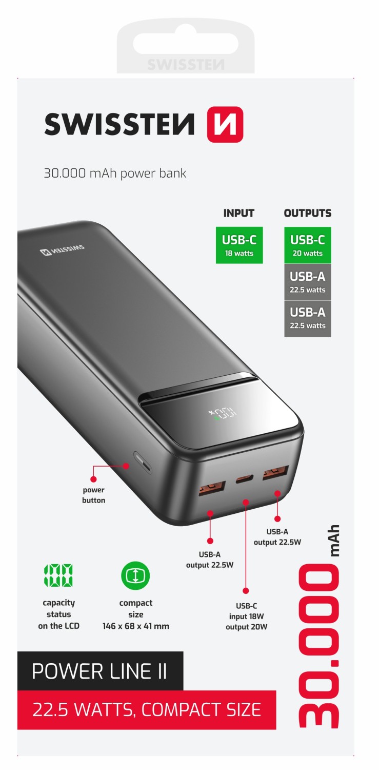 Swissten Power Bank 30 000 mAh Power Line II černá