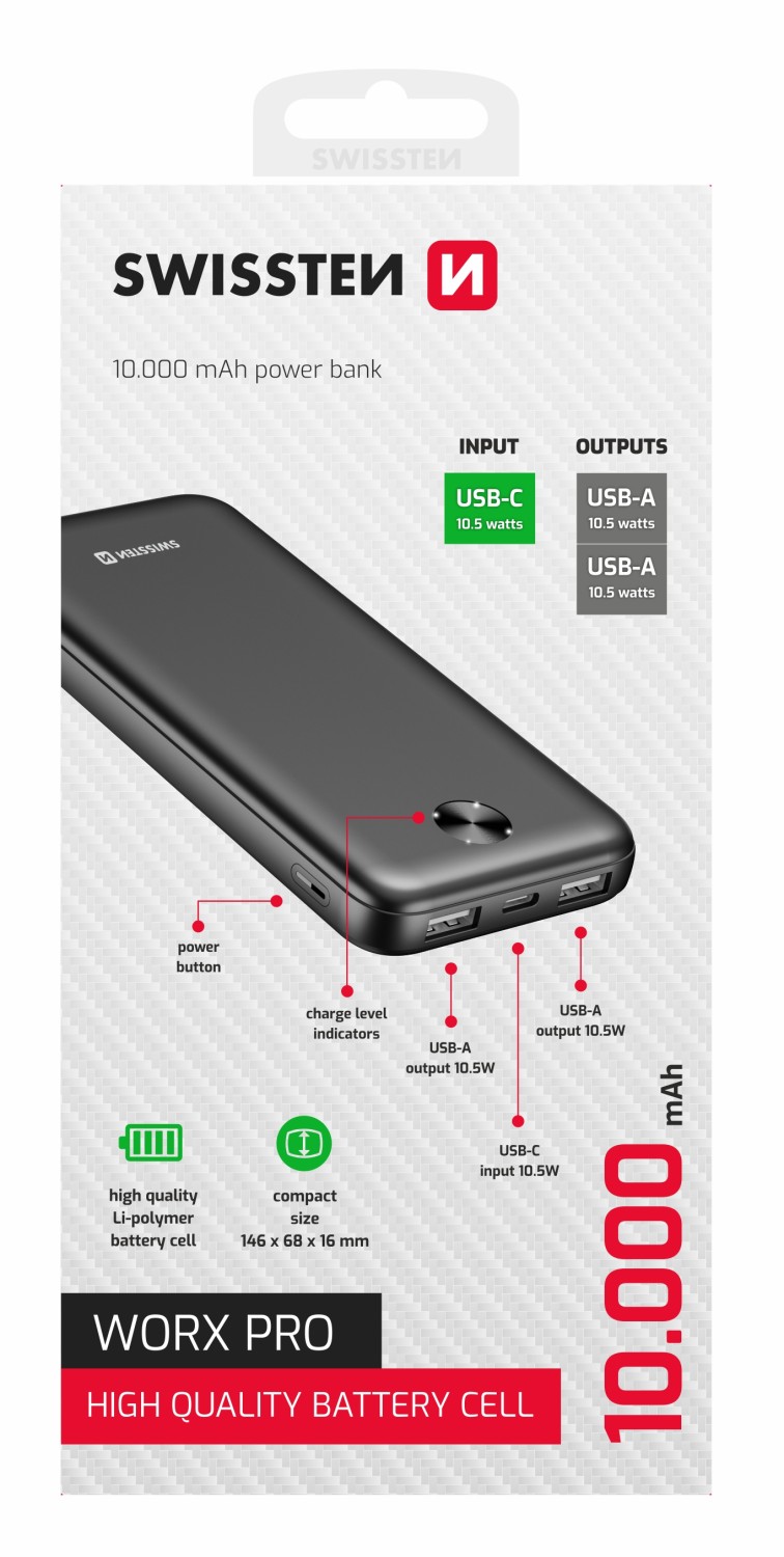 Swissten Power Bank 20.000 mAh Worx Pro černá