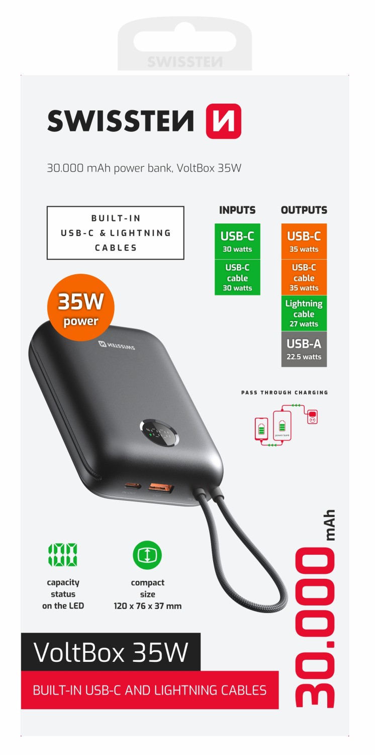Swissten Power Bank Voltbox 35W 30.000 mAh s integrovanými kabely USB-C a Lightning černá