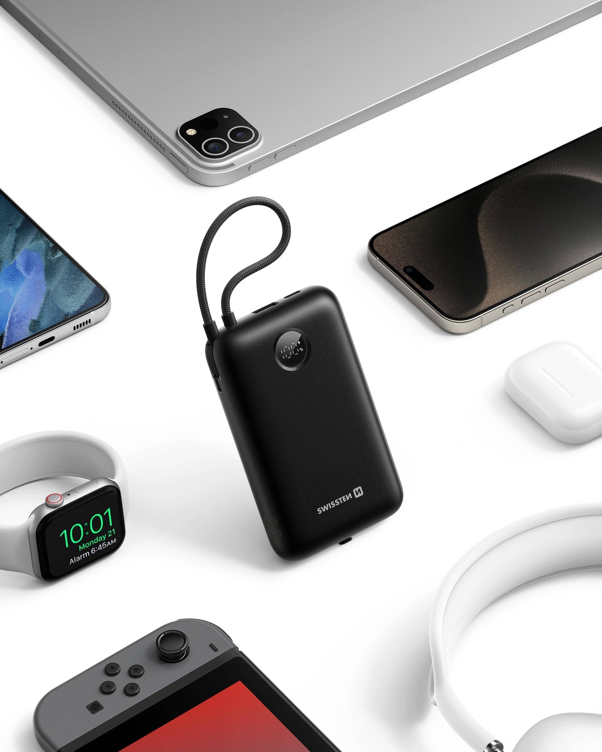 Swissten Power Bank Voltbox 35W 30.000 mAh s integrovanými kabely USB-C a Lightning černá