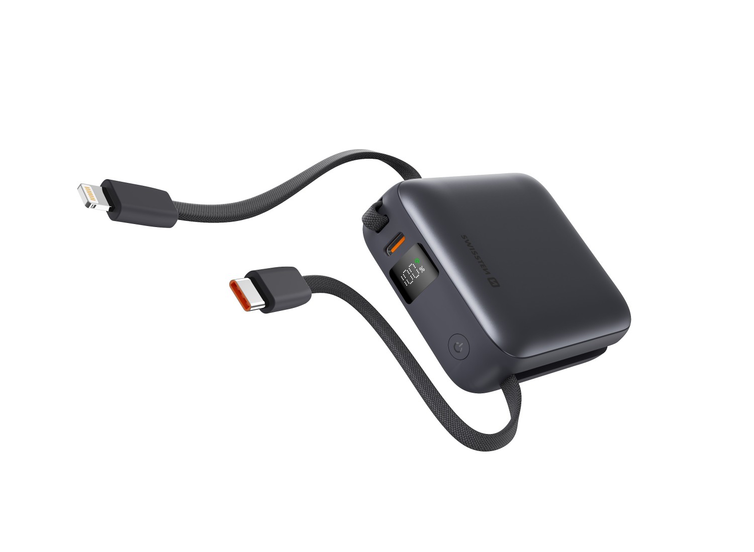Swissten Power Bank 10 000 mAh s integrovanými kabely USB-C a Lightning vesmírně stříbrná