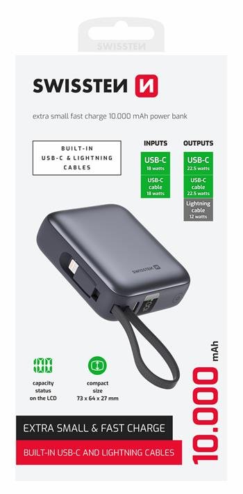 Swissten Power Bank 10 000 mAh s integrovanými kabely USB-C a Lightning vesmírně stříbrná