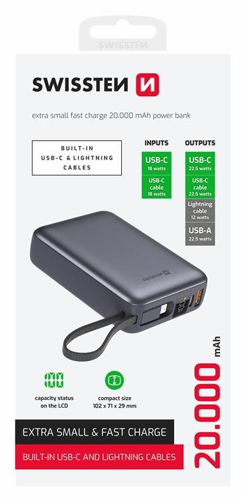 Swissten Power Bank 20 000 mAh s integrovanými kabely USB-C a Lightning vesmírně stříbrná