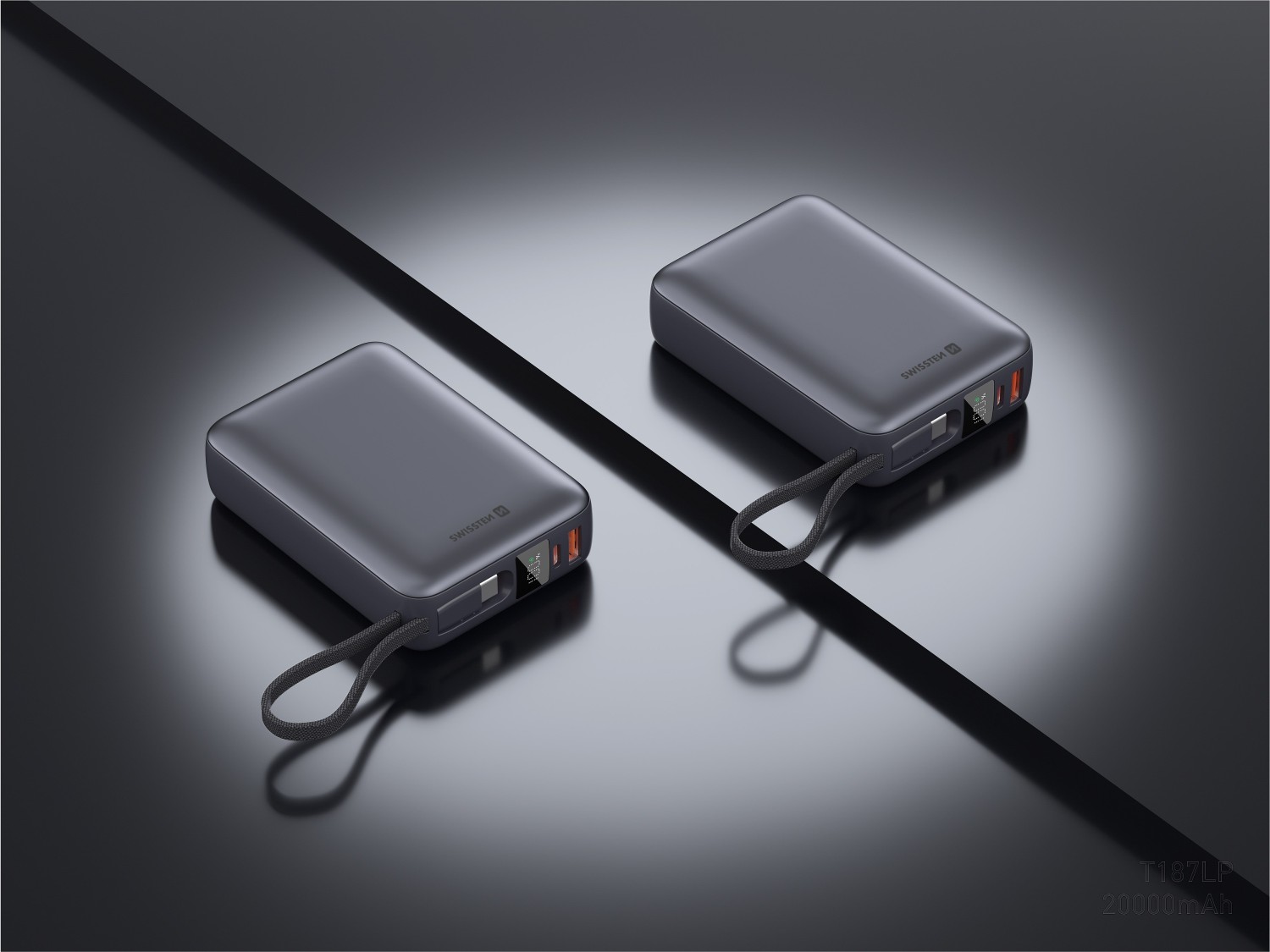 Swissten Power Bank 20 000 mAh 45W s integrovaným kabelem USB-C – vesmírně stříbrná