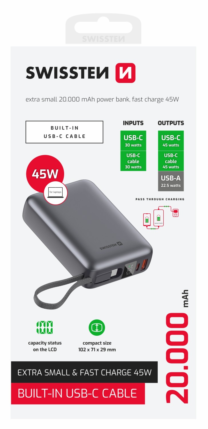 Swissten Power Bank 20 000 mAh 45W s integrovaným kabelem USB-C – vesmírně stříbrná