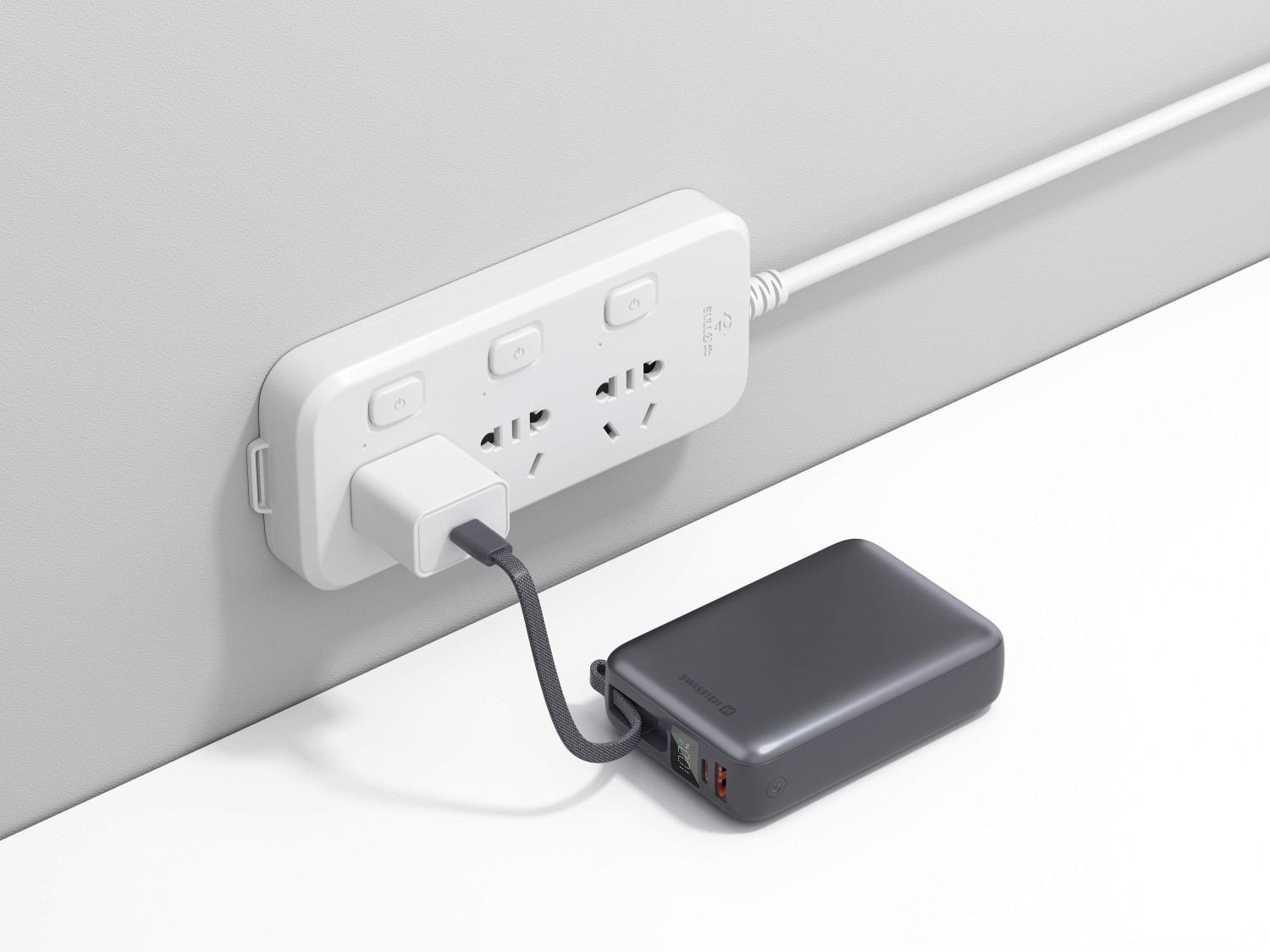 Swissten Power Bank 20 000 mAh 45W s integrovaným kabelem USB-C – vesmírně stříbrná