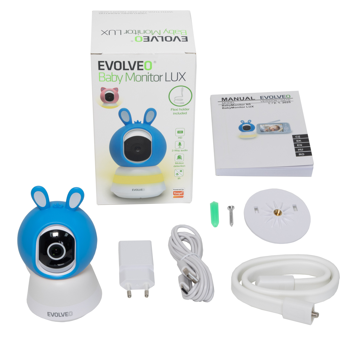 Evolveo Baby Monitor LUX Chytrá 360° videochůvička s nočním viděním, detekcí pláče a pohybu, modrá
