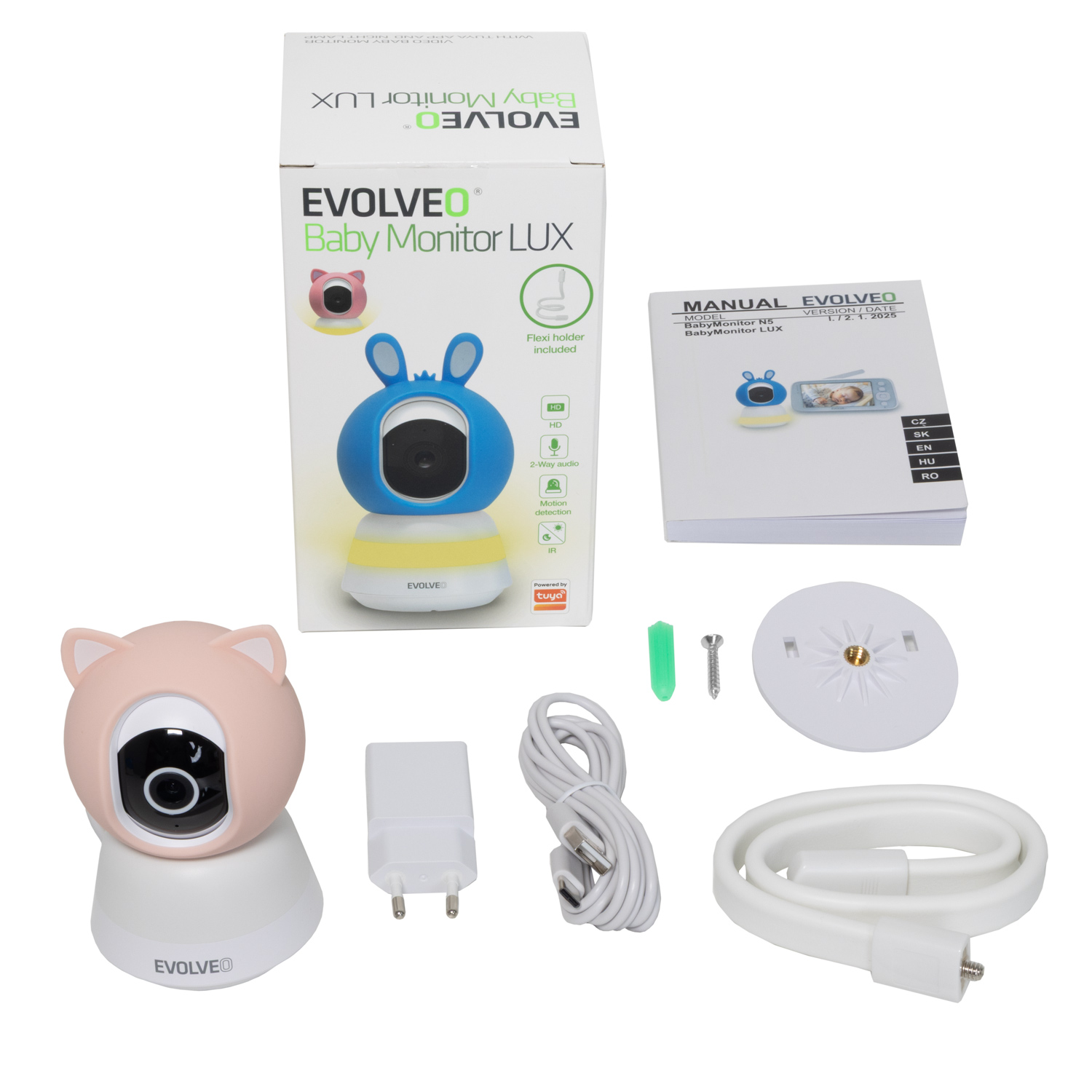 Evolveo Baby Monitor LUX- Chytrá 360° videochůvička s nočním viděním, detekcí pláče a pohybu, růžová 