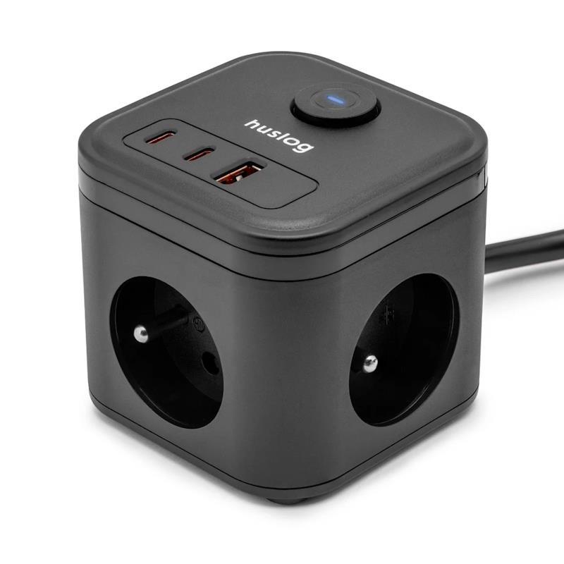Huslog HUS1002 Nabíjecí stanice 20W 3xzásuvka, 2xUSB-C, 1xUSB černá