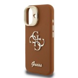 Guess PU Grained 4G Logo Stand Camera Frame Zadní Kryt pro iPhone 16 Brown
