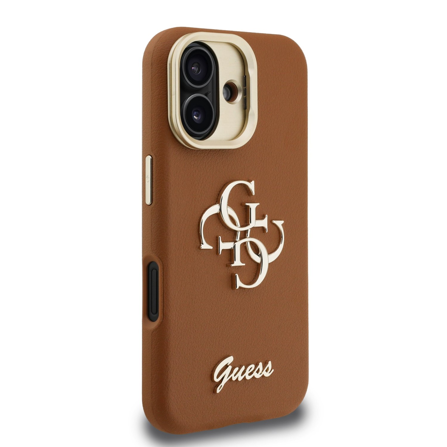 Guess PU Grained 4G Logo Stand Camera Frame Zadní Kryt pro iPhone 16 Brown