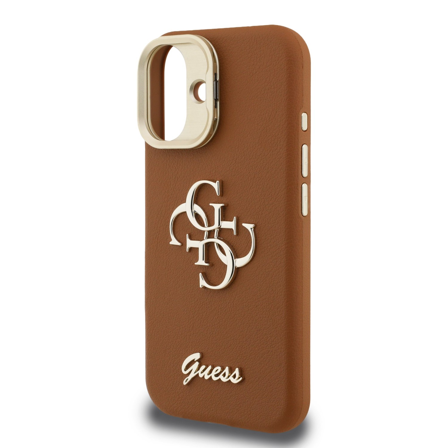 Guess PU Grained 4G Logo Stand Camera Frame Zadní Kryt pro iPhone 16 Brown