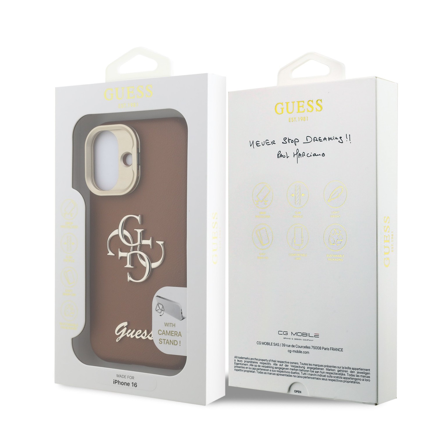 Guess PU Grained 4G Logo Stand Camera Frame Zadní Kryt pro iPhone 16 Brown