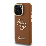 Guess PU Grained 4G Logo Stand Camera Frame Zadní Kryt pro iPhone 15 Pro Max Brown