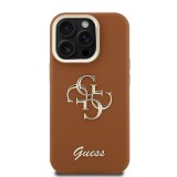 Guess PU Grained 4G Logo Stand Camera Frame Zadní Kryt pro iPhone 15 Pro Max Brown