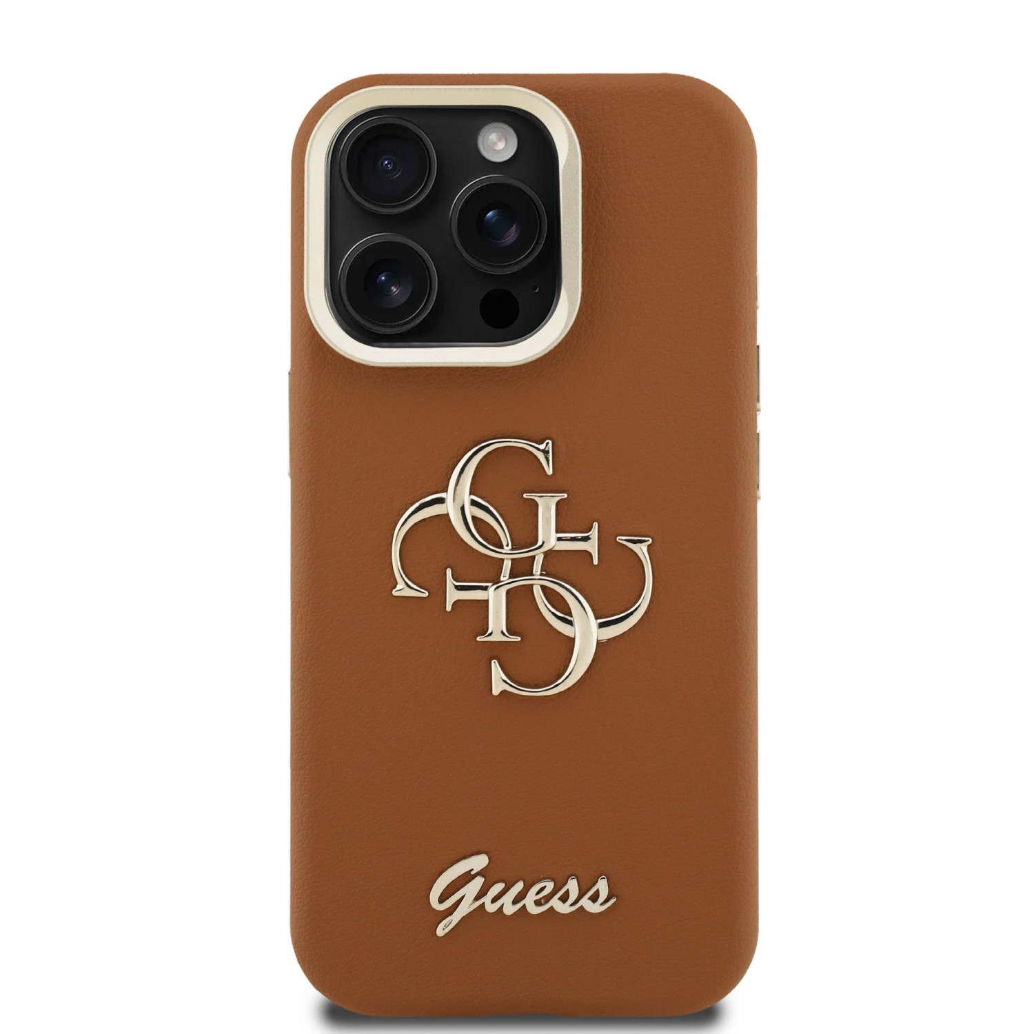 Guess PU Grained 4G Logo Stand Camera Frame Zadní Kryt pro iPhone 15 Pro Max Brown