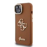 Guess PU Grained 4G Logo Stand Camera Frame Zadní Kryt pro iPhone 15 Brown
