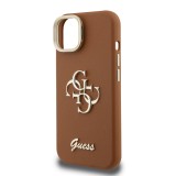Guess PU Grained 4G Logo Stand Camera Frame Zadní Kryt pro iPhone 15 Brown