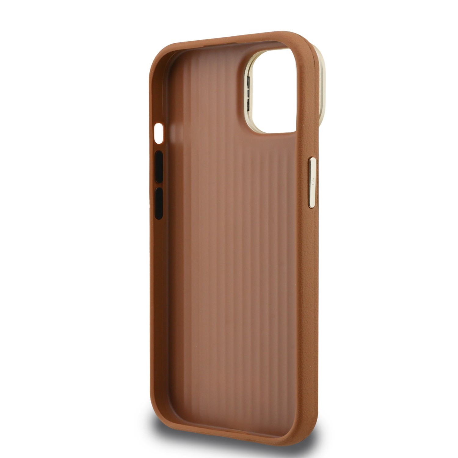 Guess PU Grained 4G Logo Stand Camera Frame Zadní Kryt pro iPhone 15 Brown