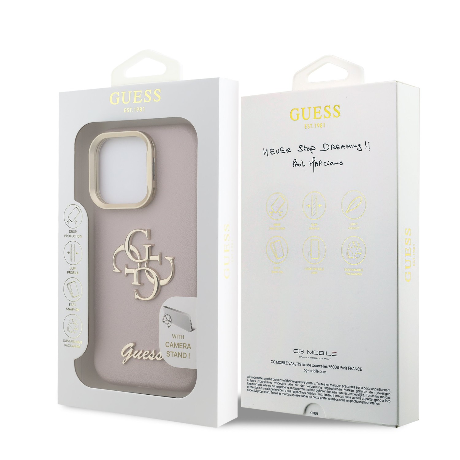 Guess PU Grained 4G Logo Stand Camera Frame Zadní Kryt pro iPhone 16 Pro Max Pink