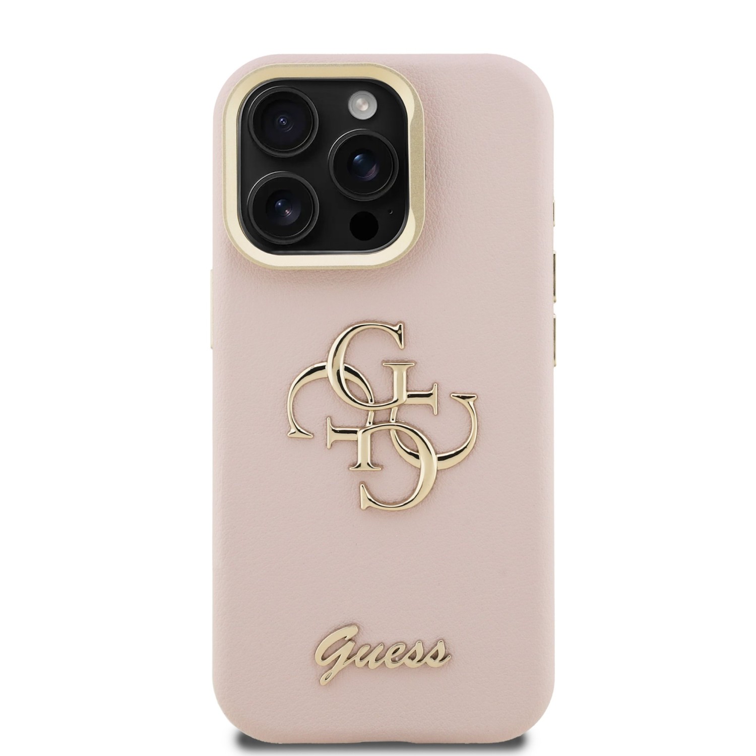 Guess PU Grained 4G Logo Stand Camera Frame Zadní Kryt pro iPhone 15 Pro Max Pink
