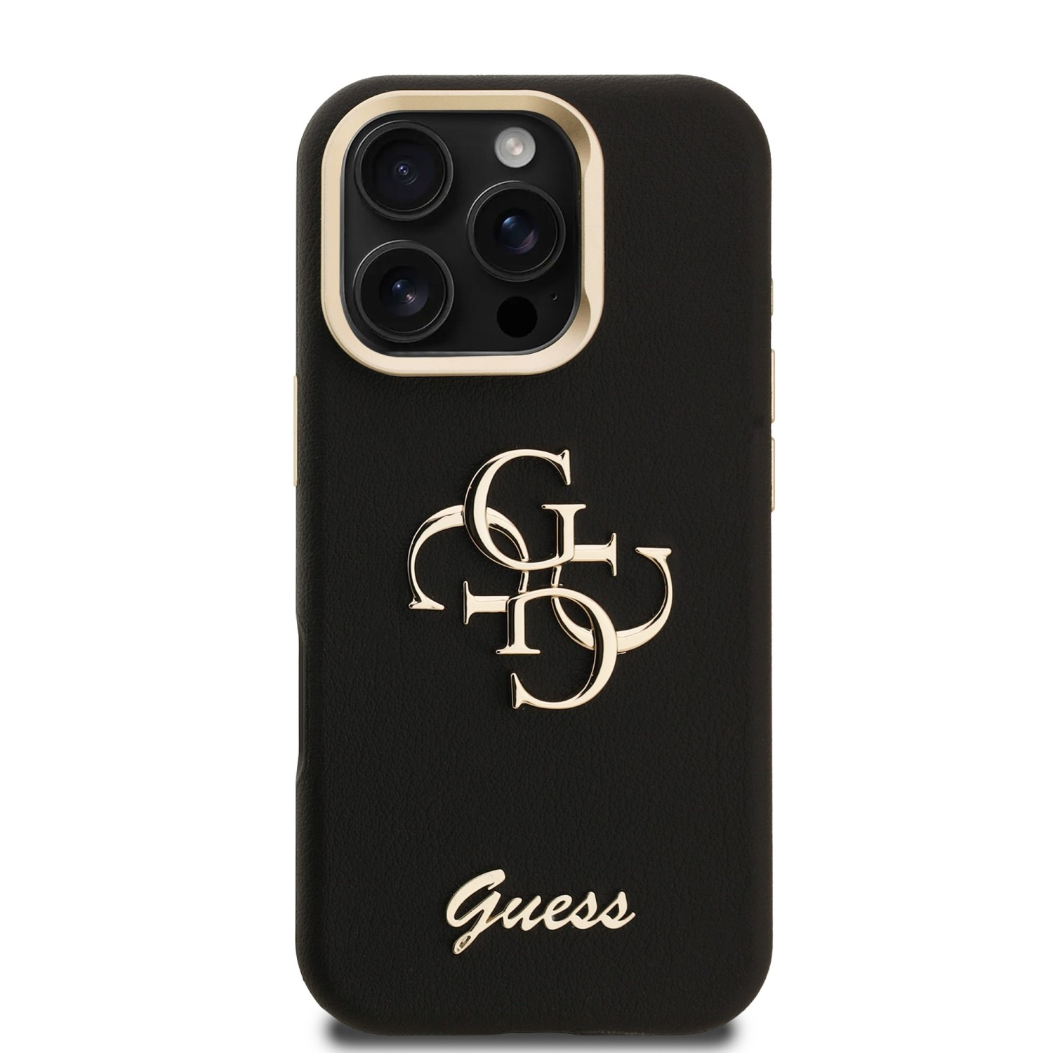 Guess PU Grained 4G Logo Stand Camera Frame Zadní Kryt pro iPhone 16 Pro Max Black