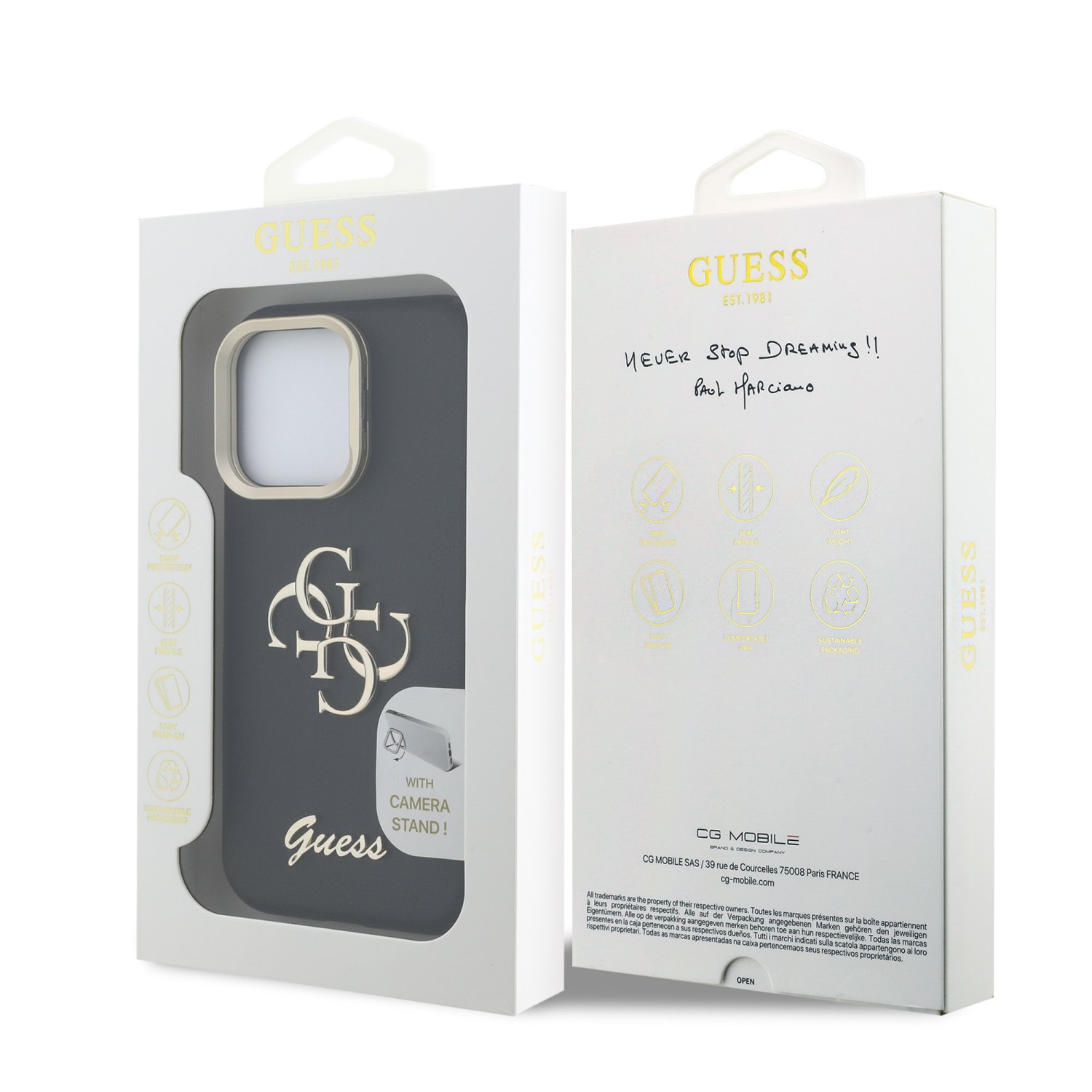 Guess PU Grained 4G Logo Stand Camera Frame Zadní Kryt pro iPhone 16 Pro Max Black