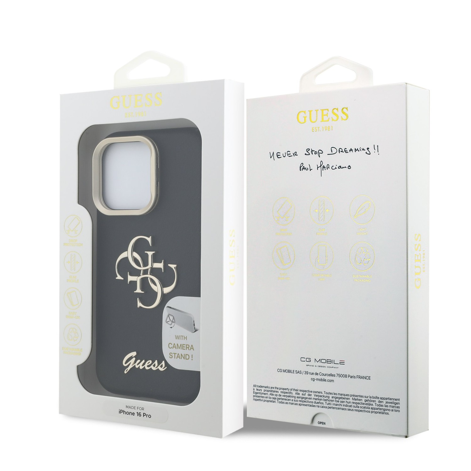 Guess PU Grained 4G Logo Stand Camera Frame Zadní Kryt pro iPhone 16 Pro Black