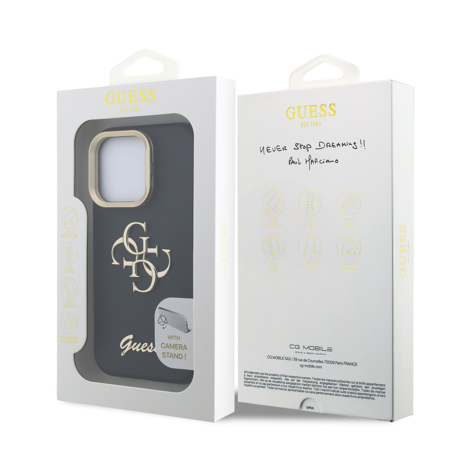 Guess PU Grained 4G Logo Stand Camera Frame Zadní Kryt pro iPhone 15 Pro Max Black