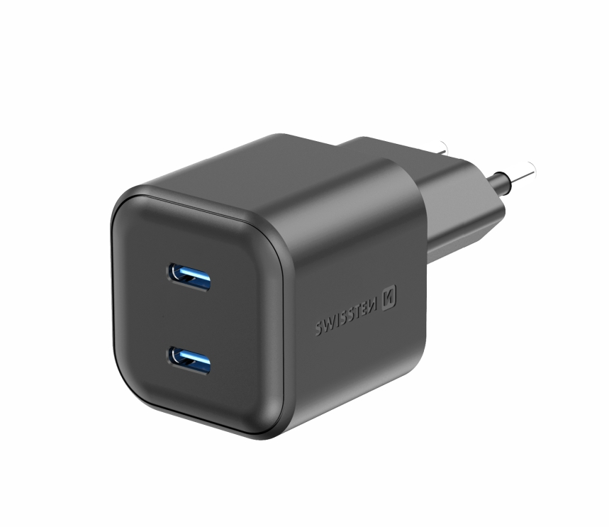Swissten síťový adaptér /GaN/2x USB-C/20W Power Delivery/ černá