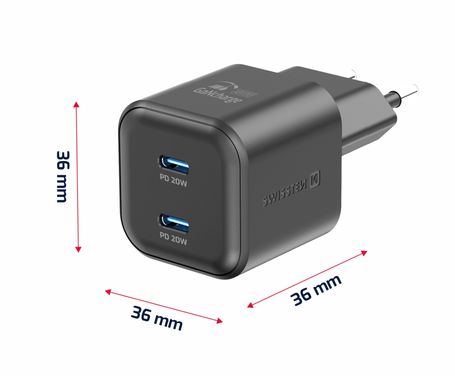Swissten síťový adaptér /GaN/2x USB-C/20W Power Delivery/ černá
