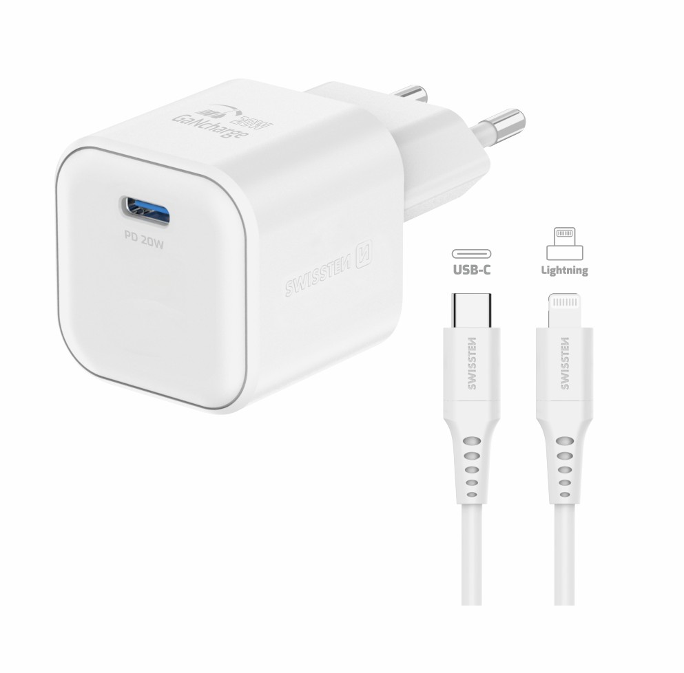 Swissten síťový adaptér /GaN/USB-C/20W/Power Delivery/ + datový kabel USB-C/lightning bílá